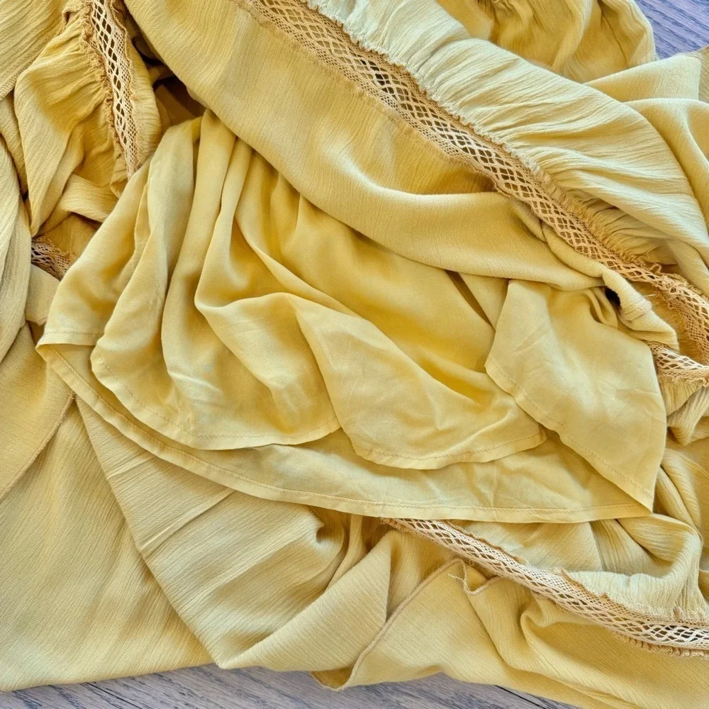Black Swan Women’s Mustard Yellow Tiered Flowy Maxi with Lace Dress Size Small - Picture 11 of 14